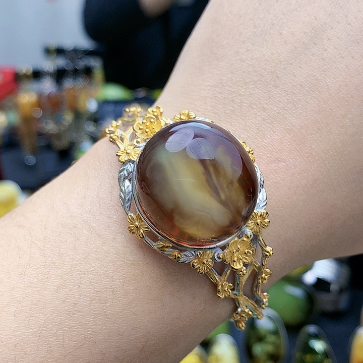 琥珀裸石银S925镶嵌手镯