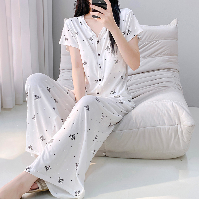 睡衣女款春夏季甜美蝴蝶结时尚休闲短袖长裤可外穿家居服礼盒套装
