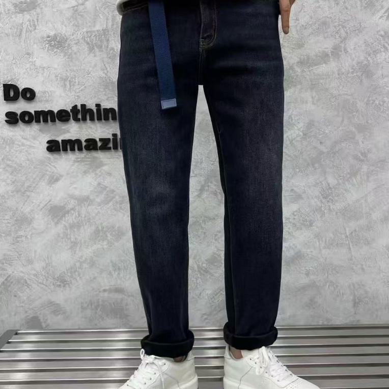 2025冬季男士加绒加厚小直筒牛仔裤宽松弹力磨毛时尚休闲裤子