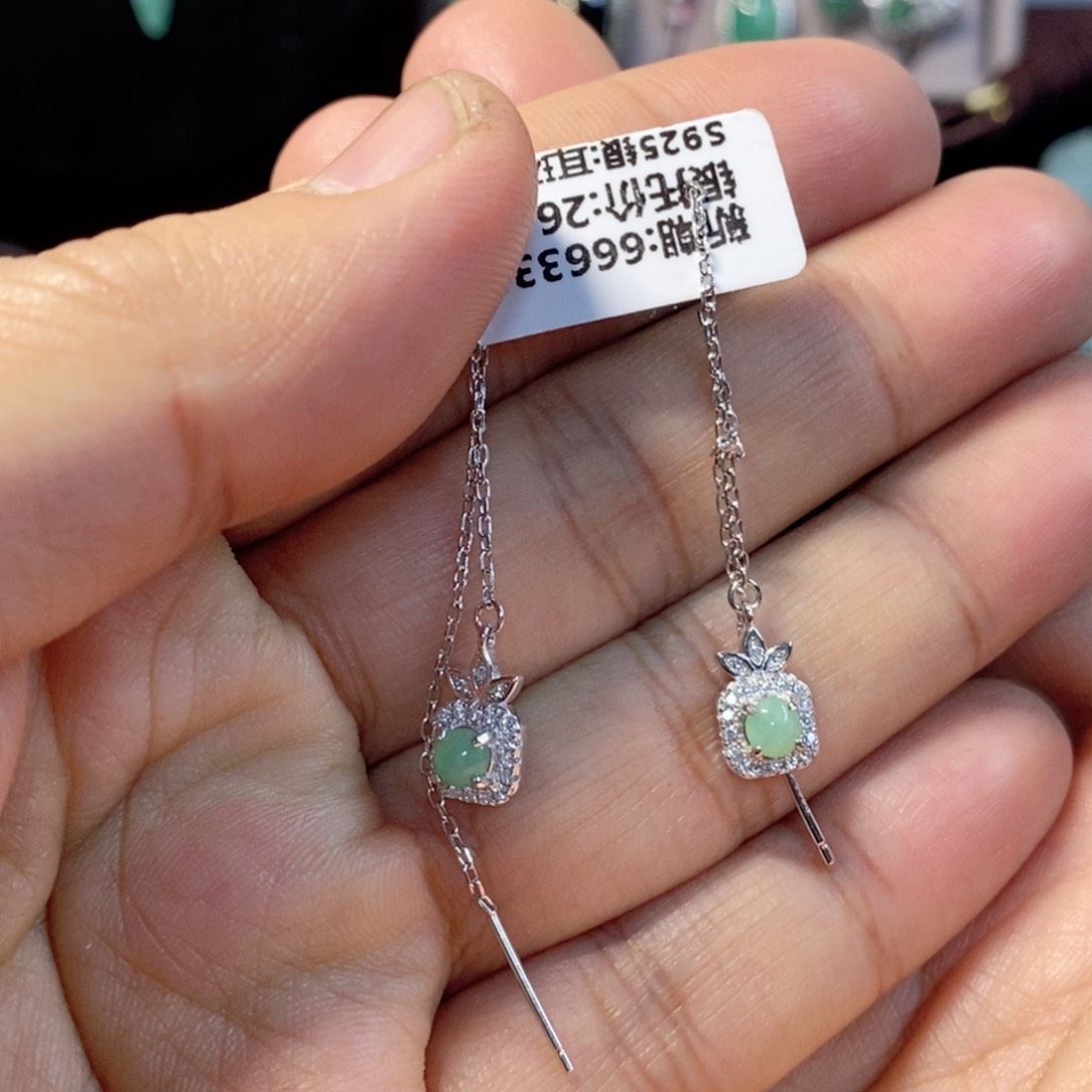 翡翠耳饰银S925镶嵌缅甸翡翠A货耳线