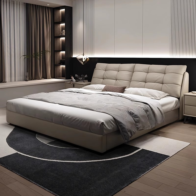 意式极简真皮床主卧双人床现代简约真皮床小户型齐边软包婚床