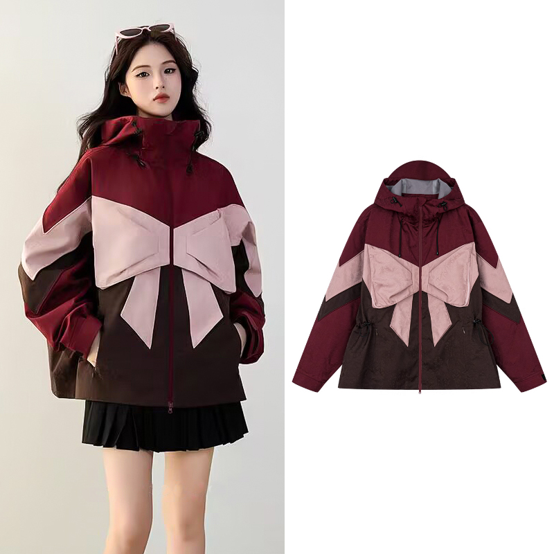 A0123【乌】2024年冬季新款可脱卸内胆蝴蝶结缎面提花机能羽绒外套