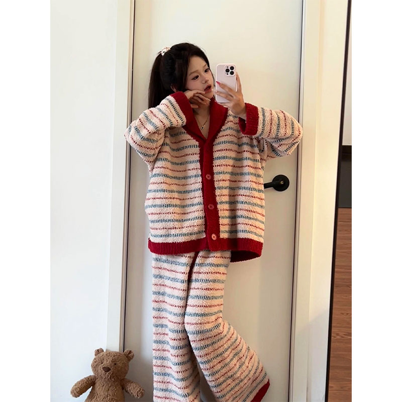 新中式半边绒条纹长袖睡衣女冬季韩系显瘦大码加厚针织家居服套装