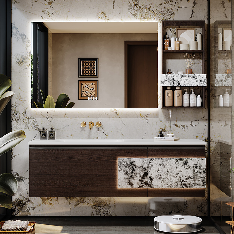 福艺斯高端定制撞色设计卫生间洗漱台实木浴室柜边柜智能js006