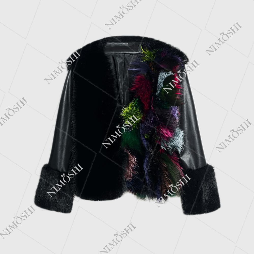 NIMðSHI【达妮】新款欧式高级拼皮撞色毛外套保暖加厚时尚百搭L5135