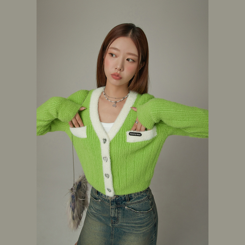 J008【金拐子专属】CHUU撞色拼接小香风设计爱心纽扣韩系外套-F