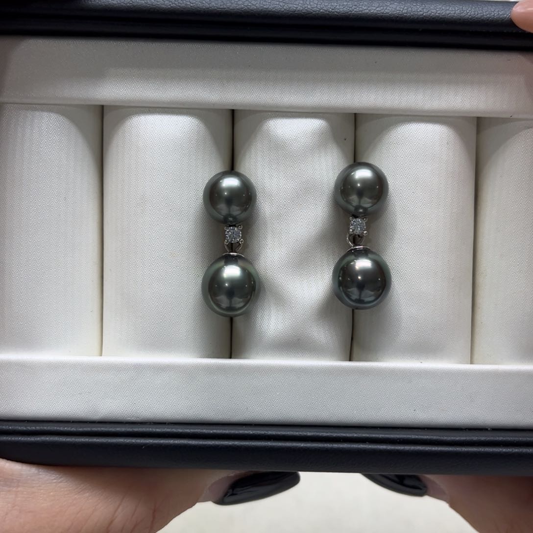 银S925镶嵌海水珍珠上新大溪地双珠耳坠8-10mm