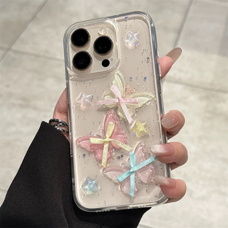 闪粉立体彩色蝴蝶苹果16promax手机壳iPhone15新款14全包13透明12