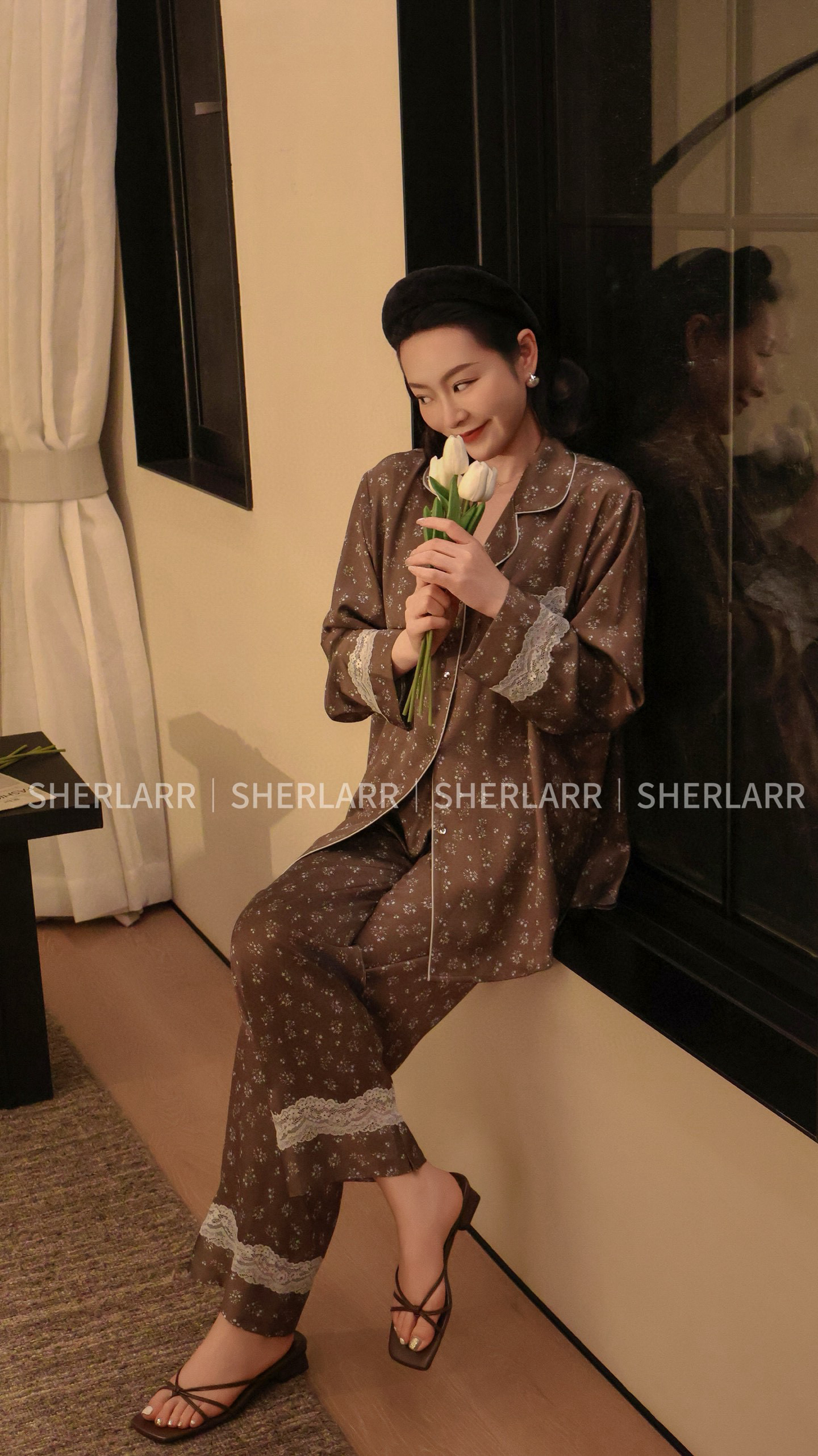 纯色碎花长袖长裤睡衣家居服套装蕾丝提花印花时尚