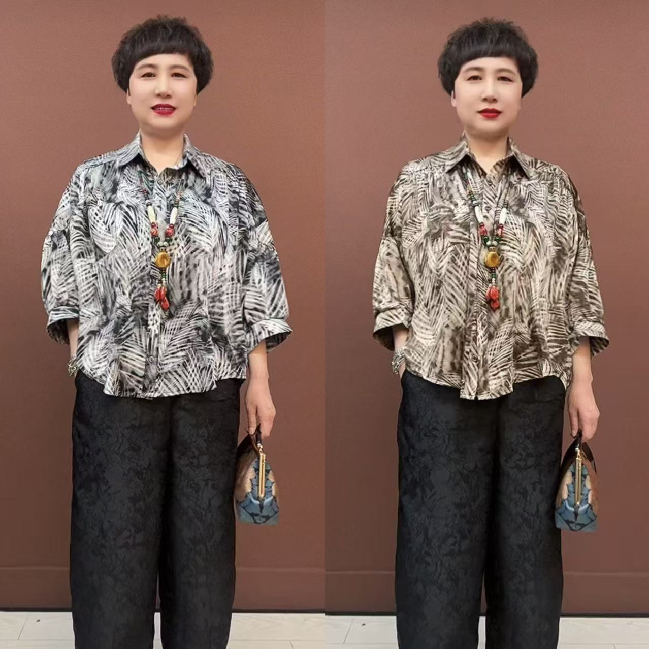 时尚薄款印花中老年女装百搭夏季盘扣宽松开衫中袖女装