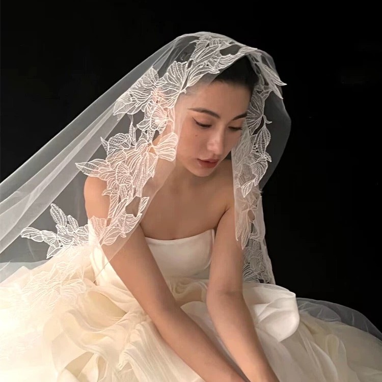 1341单层素头纱蕾丝包边长款缎面婚纱影楼跟妆写真户外婚礼