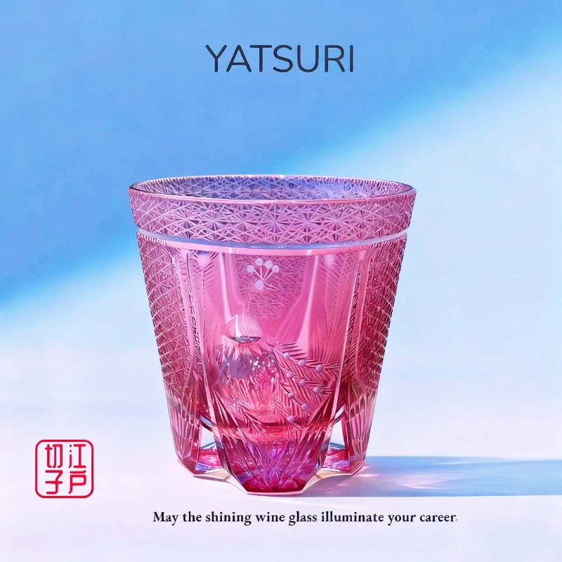 YATSURI孔雀江户切子水晶杯纯手工雕刻日式高级感威士忌酒杯