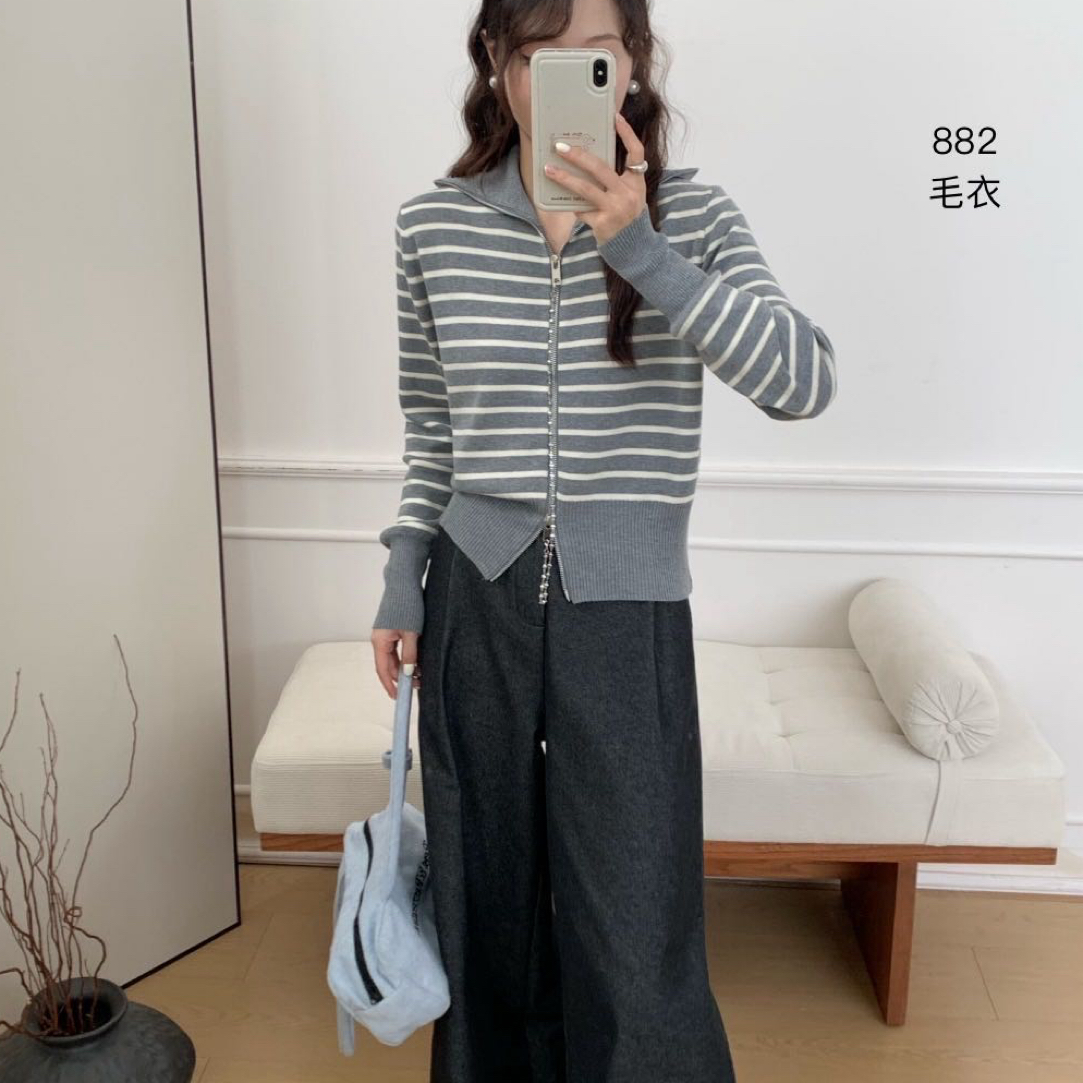 882翻领长袖条纹针织女秋季毛针织衫女装上衣毛衣开衫