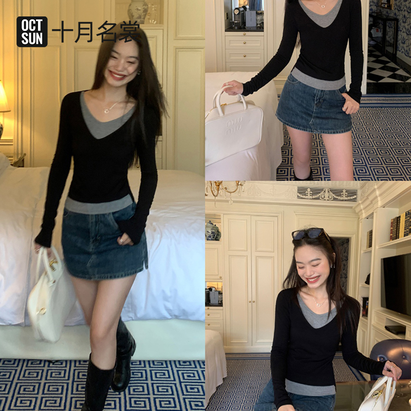 十月名裳孕妇装打底T恤春秋季显瘦百搭V领假两件修身气质秋冬上衣