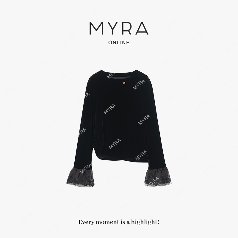 MYRA“露可”100桑蚕丝植绒长袖蕾丝拼接收褶上衣小衫女XMSC025397