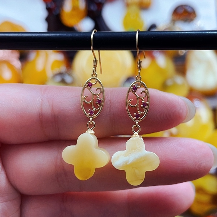 琥珀戒指银S925镶嵌耳环