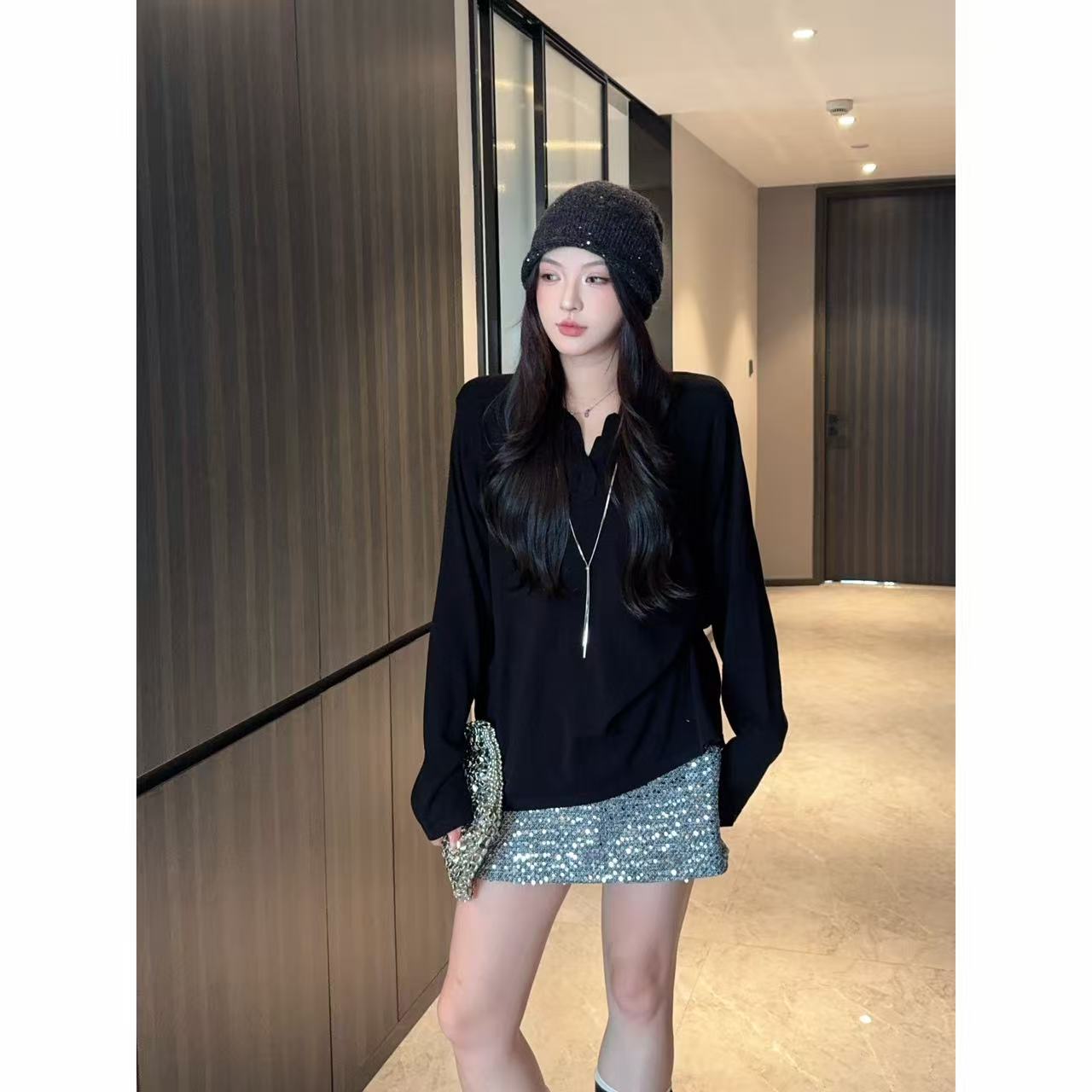  Xiaix【都市POLO】气质宽松显瘦纯色POLO领长袖T恤TX250929