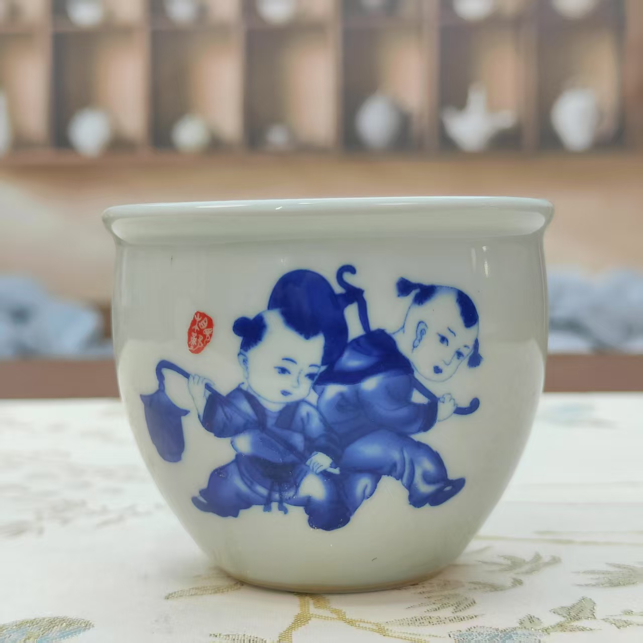 木灰青花童趣图陶瓷单个主人杯48