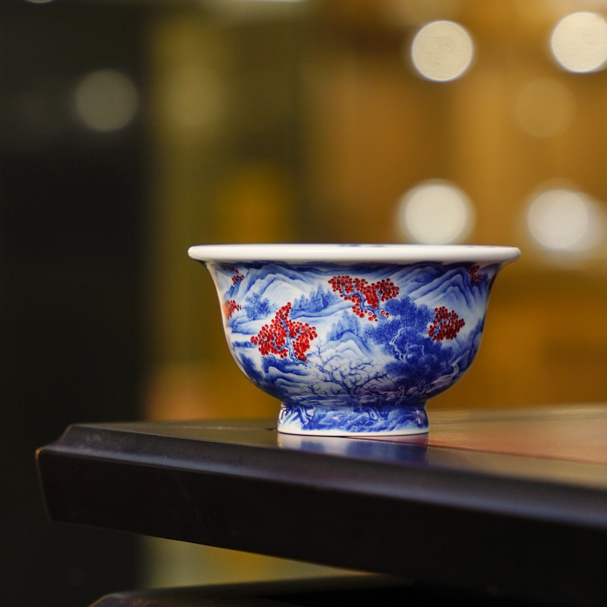 永明尚玩青花汝窑釉里红山水压手纯手工陶瓷喝茶饮茶