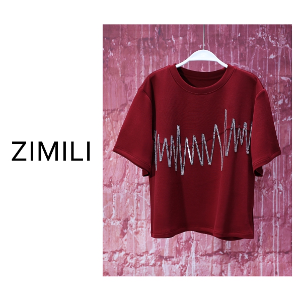 【亮哥女装】2025夏季轻薄透气安可拉红珠片绣时尚休闲T恤8659