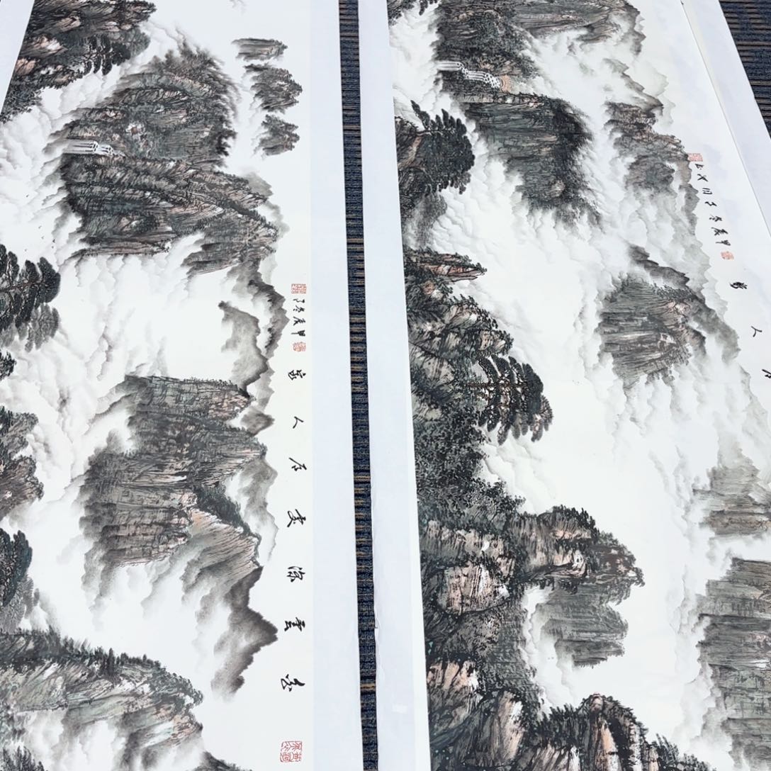 国画晴****界韩同池小八尺山水两张打包朱