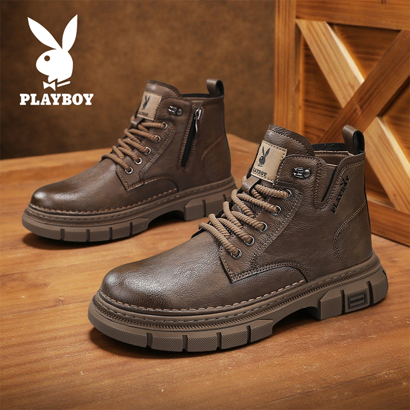 花花公子户外男靴秋冬时尚百搭高帮休闲皮靴高级感厚底防滑马丁靴