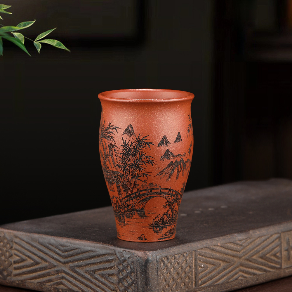 宜兴原矿紫砂主人杯 朱泥 精雕细刻  富竹天下闻香杯