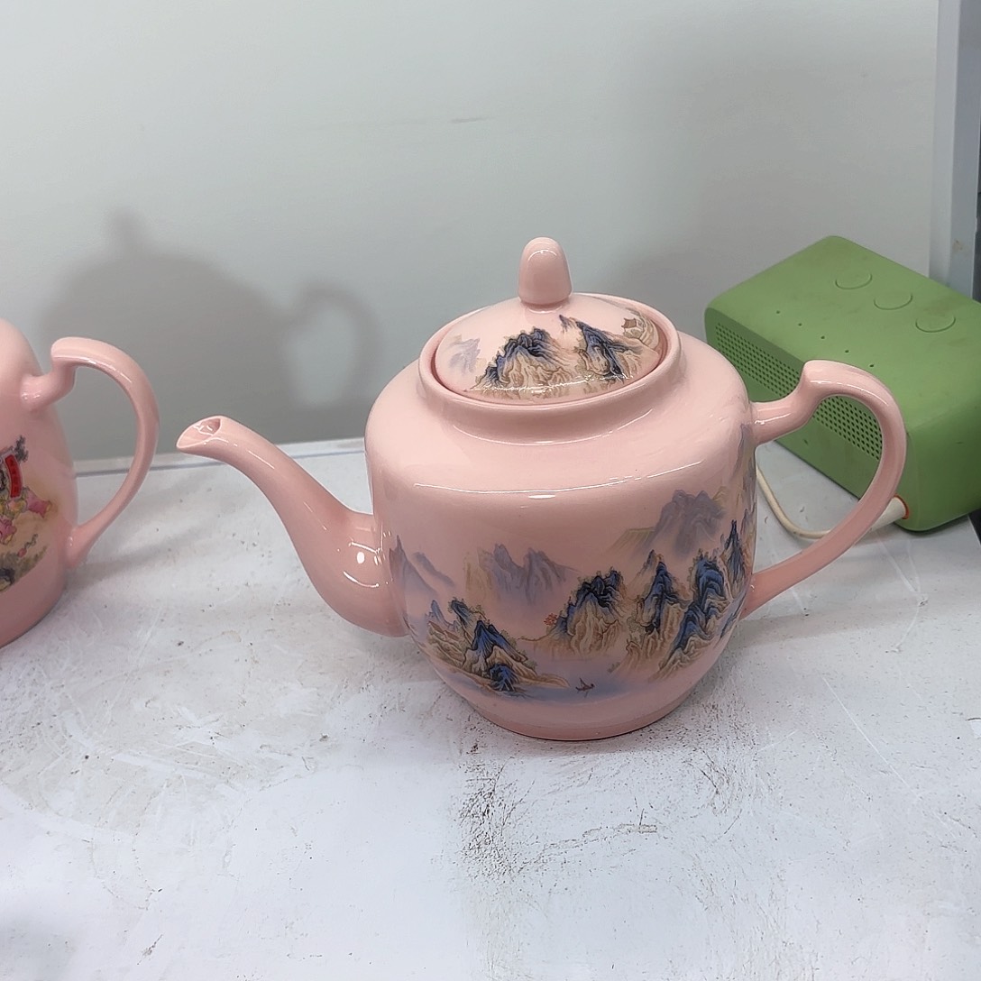 壶陶瓷千里江山图两斤侧把壶红稀稀