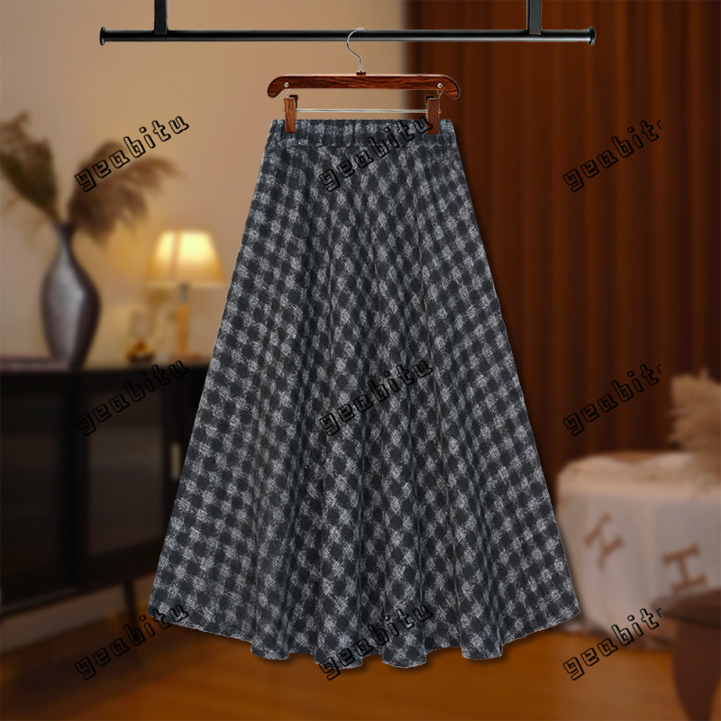 【GG专属】2025秋冬厚款黑灰千鸟格大摆半身裙复古高腰气质D8441