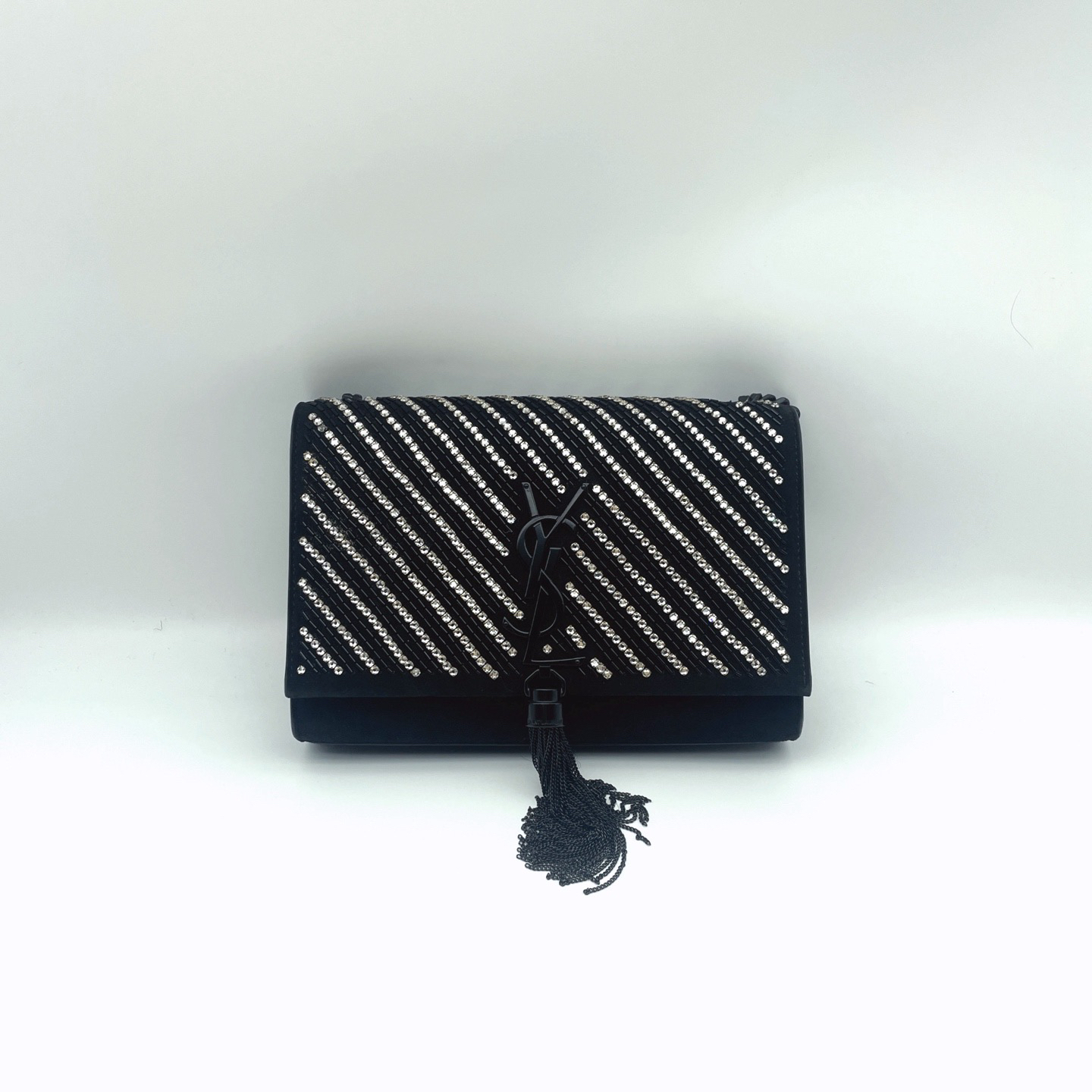 95新 YSL/圣罗兰 黑色满钻重工款kate流苏包小号链条包 20cm