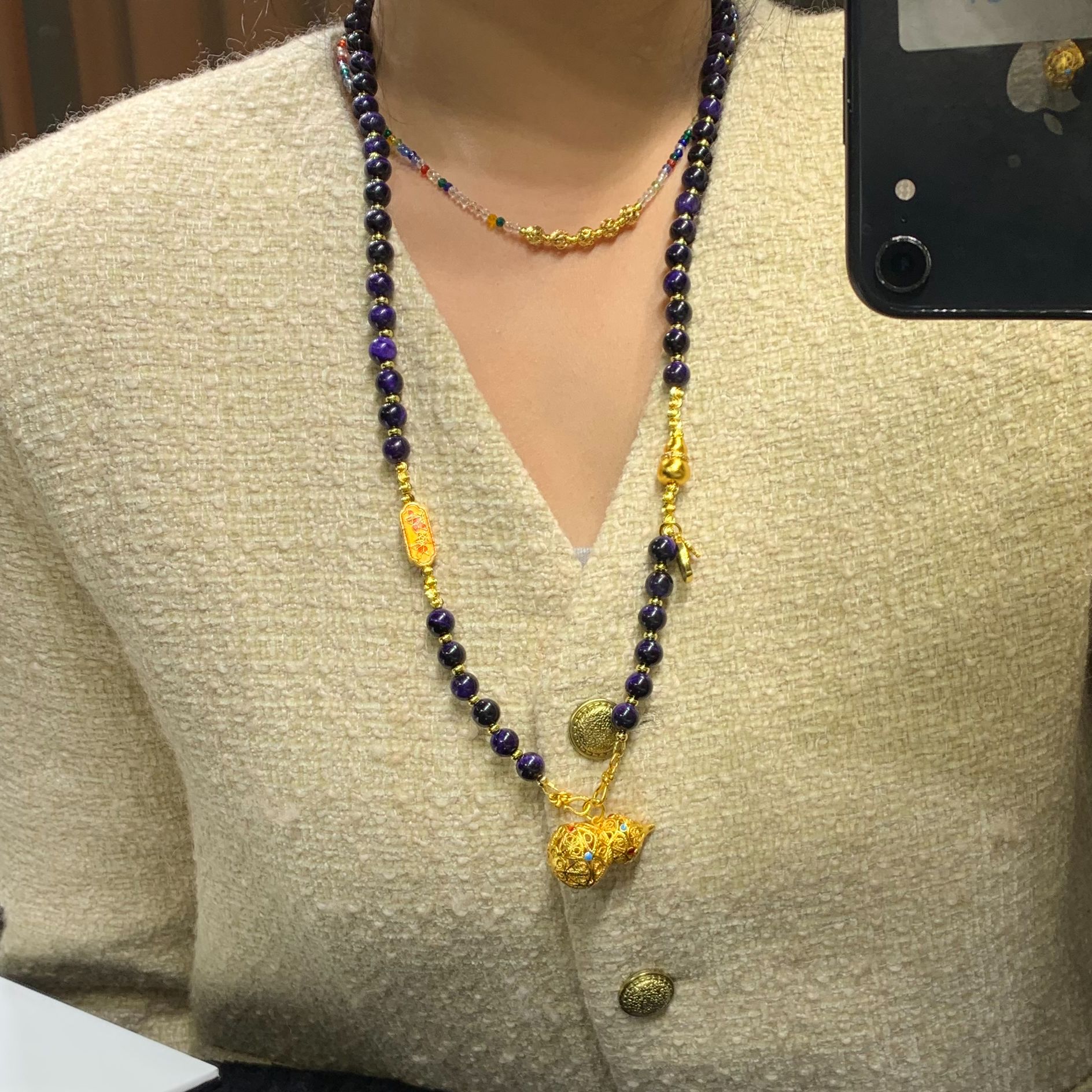 铜合金琉璃项链 新中式花丝爬藤葫芦项链OML0027