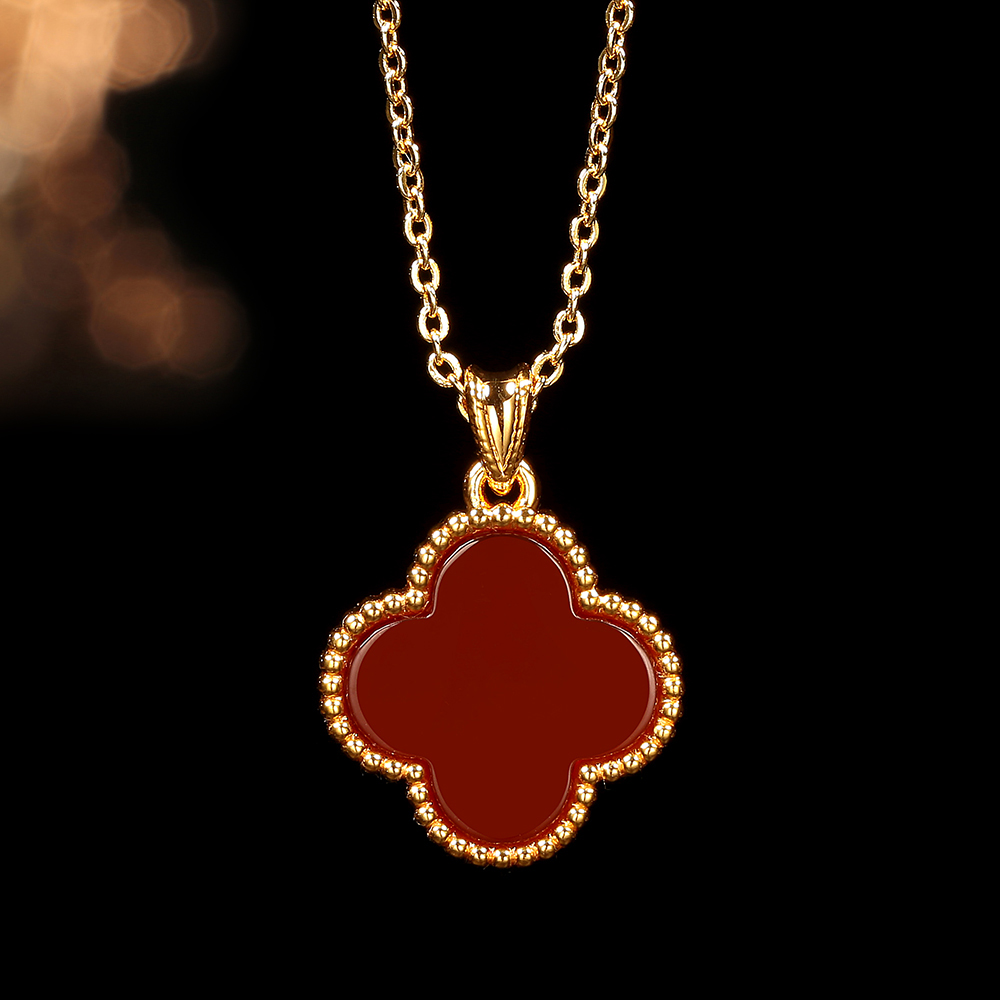 【米米专属】18k金豪镶15MM红玛瑙四叶（赠链）吊坠红色百搭轻奢经典