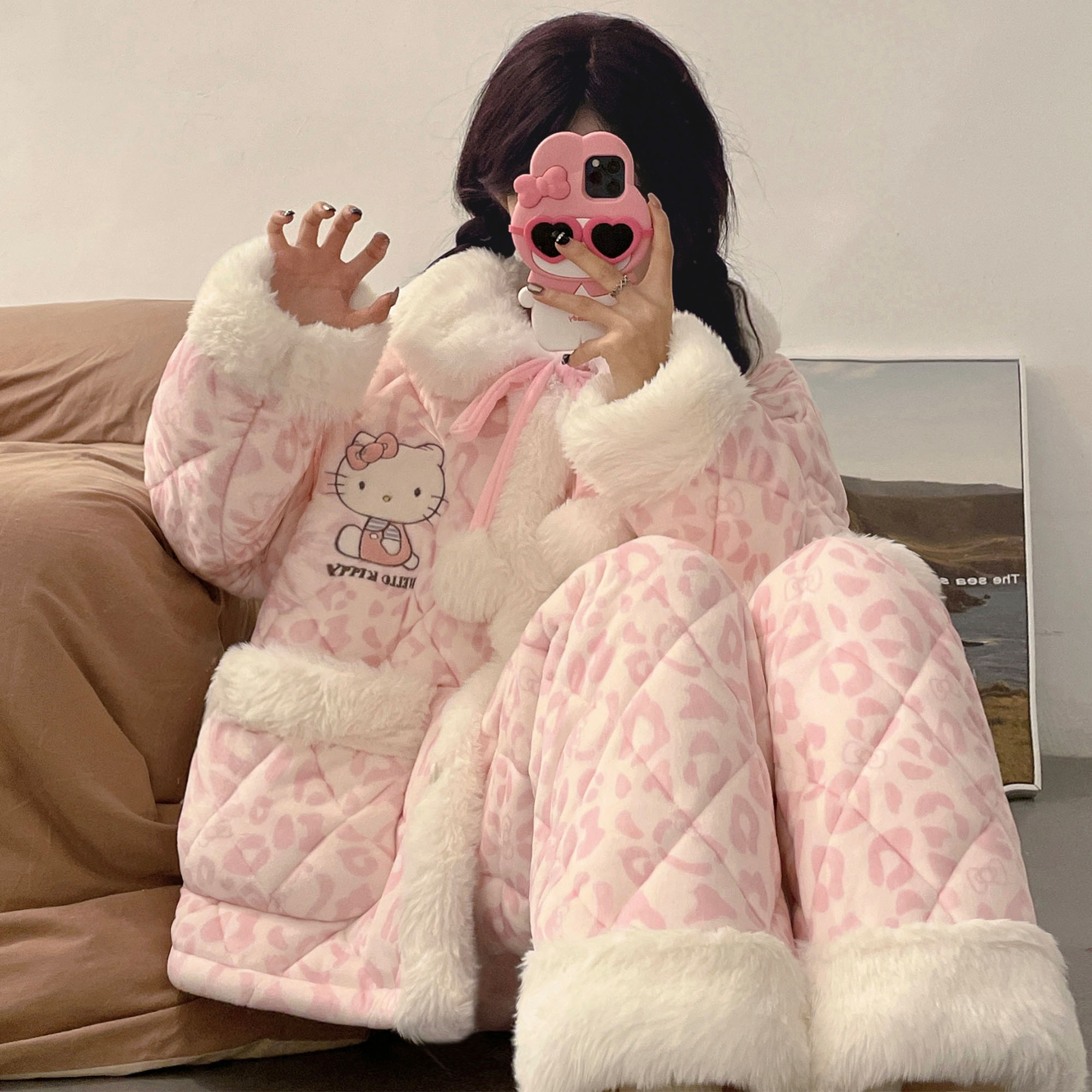 奥美诗嘉睡衣女三层夹棉秋冬季2025新款珊瑚绒加厚保暖家居服套装