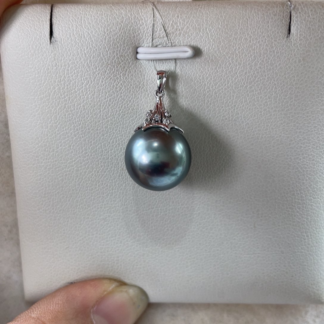 18K金镶嵌吊坠(不含链)海水珍珠铂金灰13-14mm