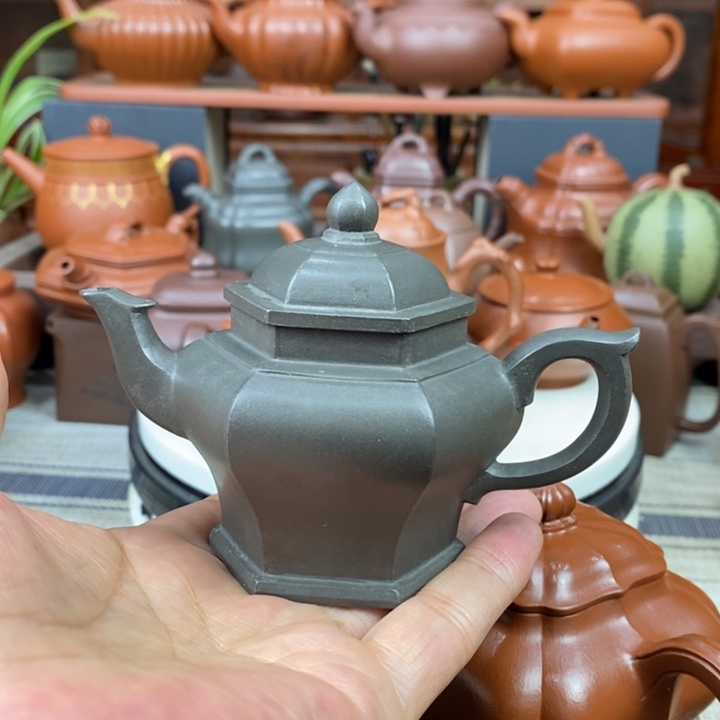 紫砂茶壶六方宫灯100cc原矿一厂老天青紫砂