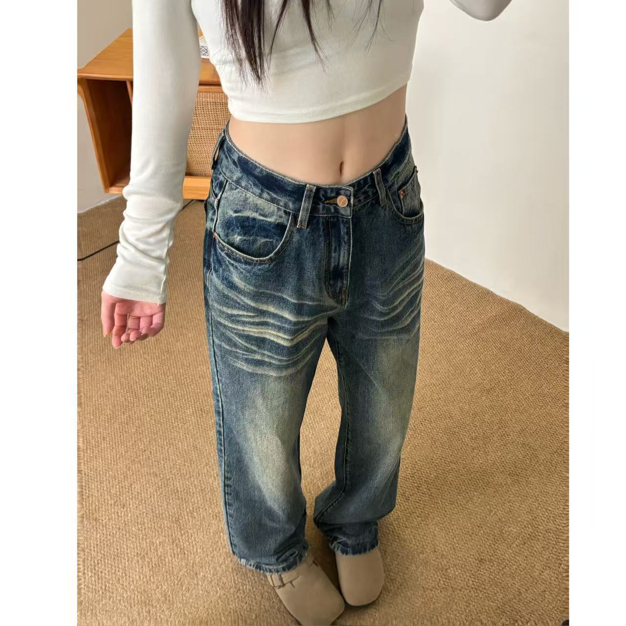 秋冬新款做旧设计复古水洗中腰牛仔裤男女同款-显瘦-直筒-阔腿裤