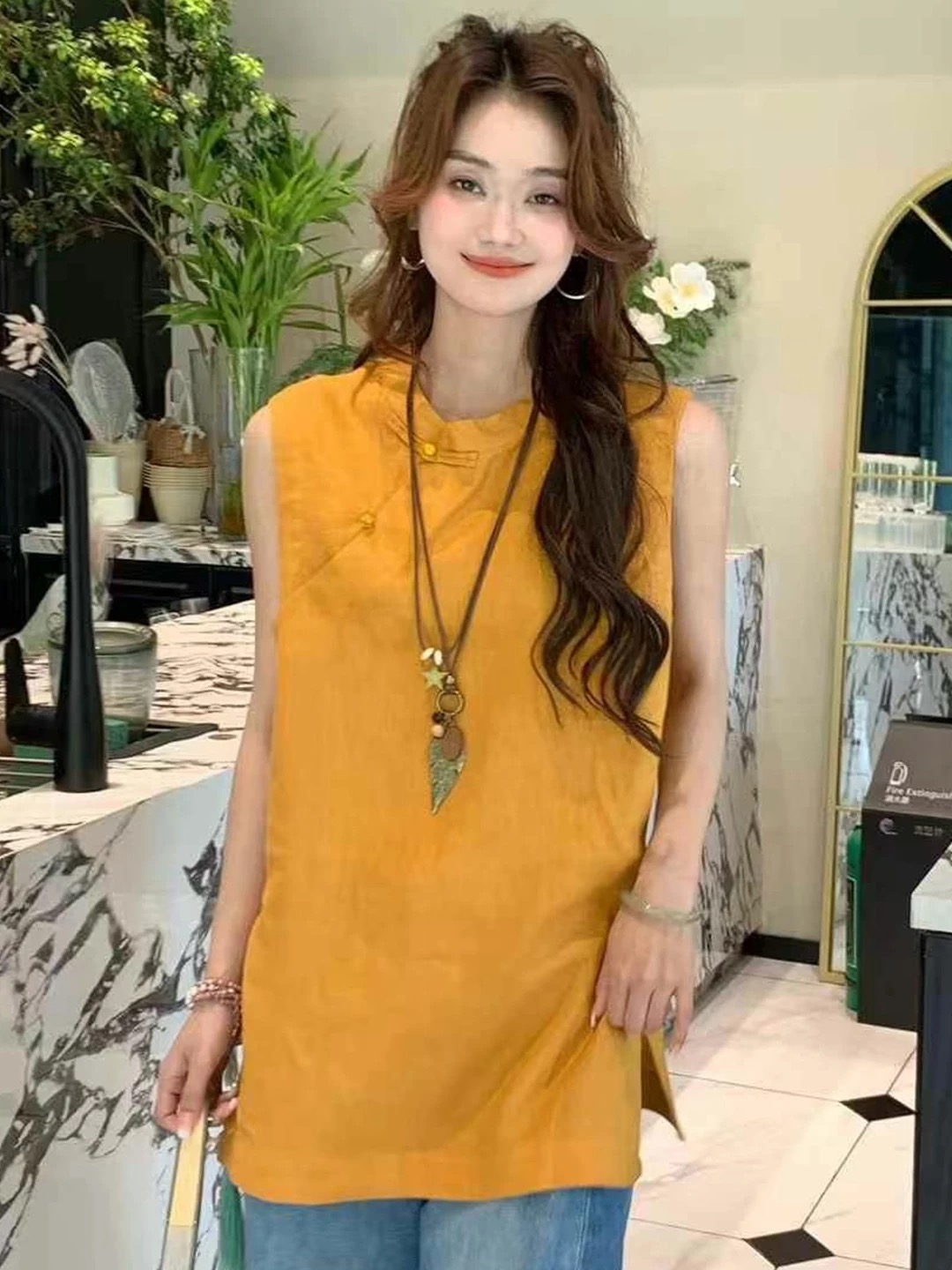 盘扣圆领女夏中长款纯色