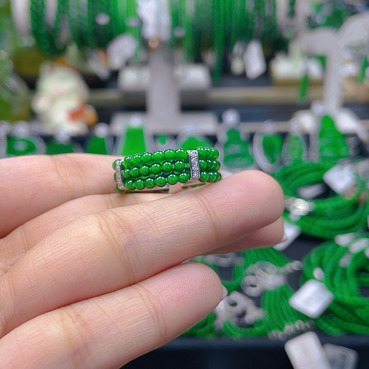 翡翠戒指银S925镶嵌圆珠戒圈2.5