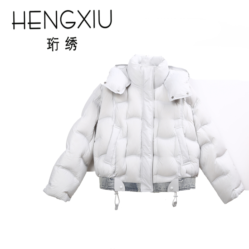 珩绣2025新款泡芙牛仔拼接90白鸭绒加厚时尚羽绒服外套GJ7860-1