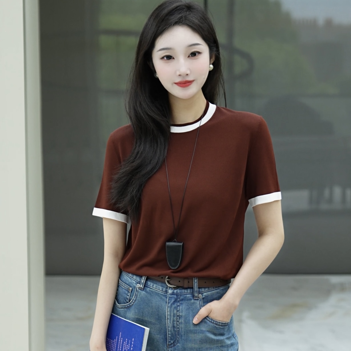 GIRDEAR/哥弟早春气质圆领针织上衣新款百搭拼色短袖T恤女1399733