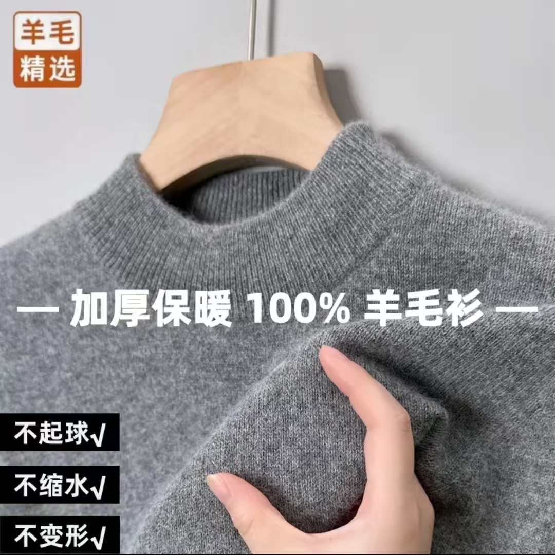 【专柜正品】100羊毛衫男款秋冬季加厚针织半高领打底衫男士毛衣