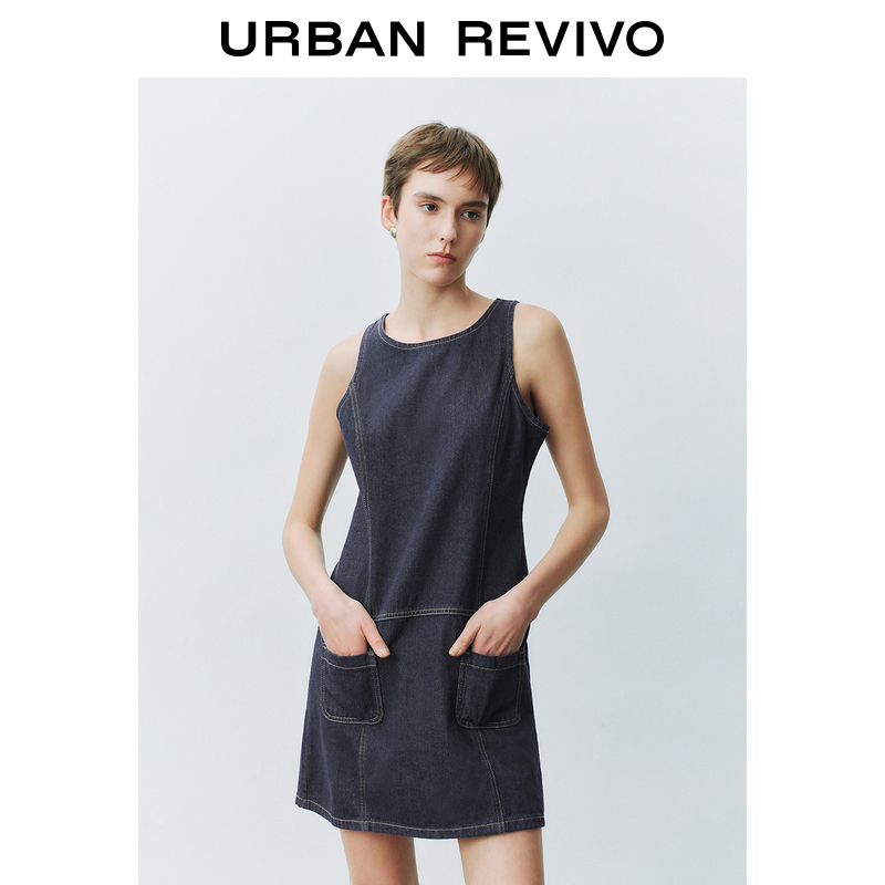 UR2025春季新款女通勤撞色明线口袋无袖牛仔连衣裙UYU850003