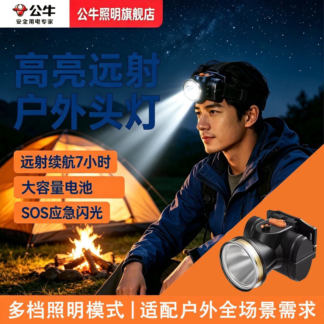 BULL/公牛led室外迷你型夜钓矿灯头戴式手电筒充电应急可携式头灯商品图