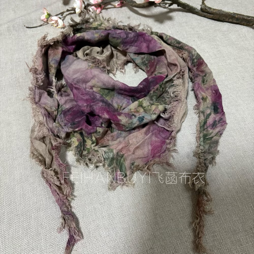  MINI复古有机麻纱三角巾毛边围巾百搭女围脖（长度1.25M）