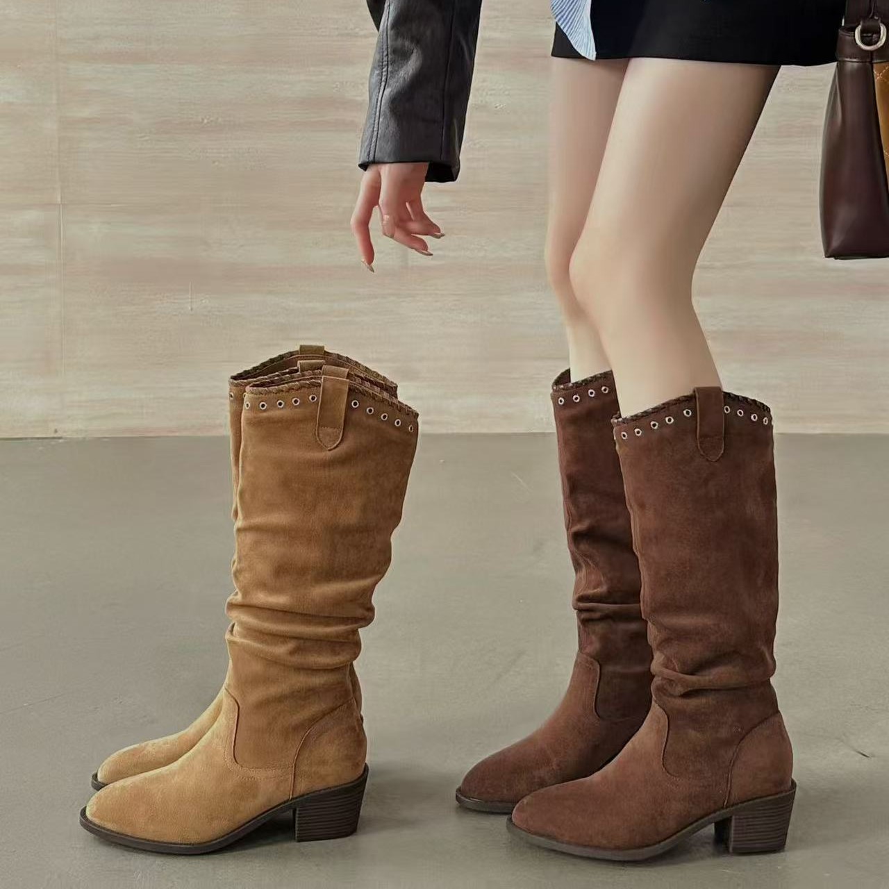 韩板尖头西部牛仔靴秋冬新款粗跟褶皱堆堆靴长靴5833-9(加绒)