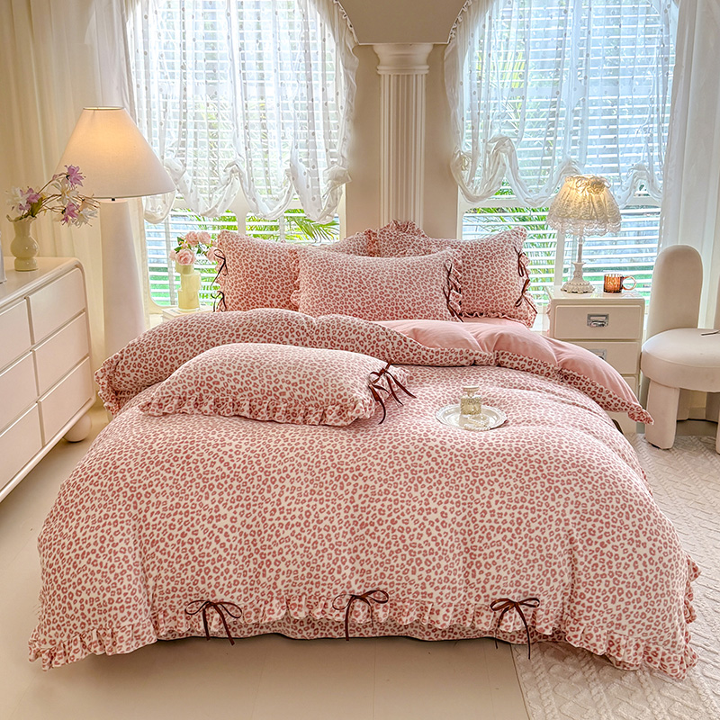 韩式蝴蝶结牛奶绒四件套床单款保暖加厚双面绒被罩荷叶边四件套