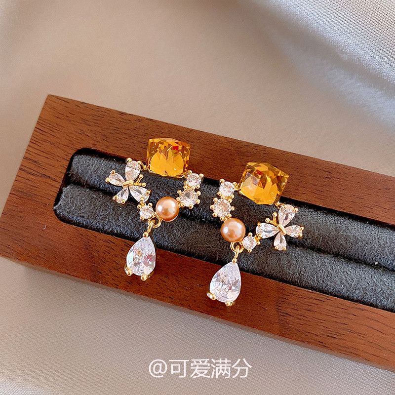 铜合金锆石耳饰 「雾岛听蓝爆闪蓝色小方糖水滴耳钉精致高颜值气质