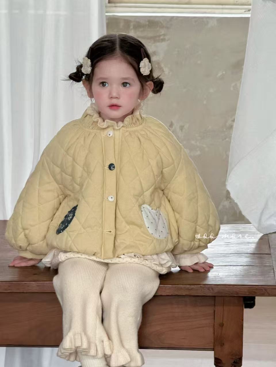女童甜美爱心花边夹棉外套2025冬季新款女宝洋气加厚黄色棉服冬装