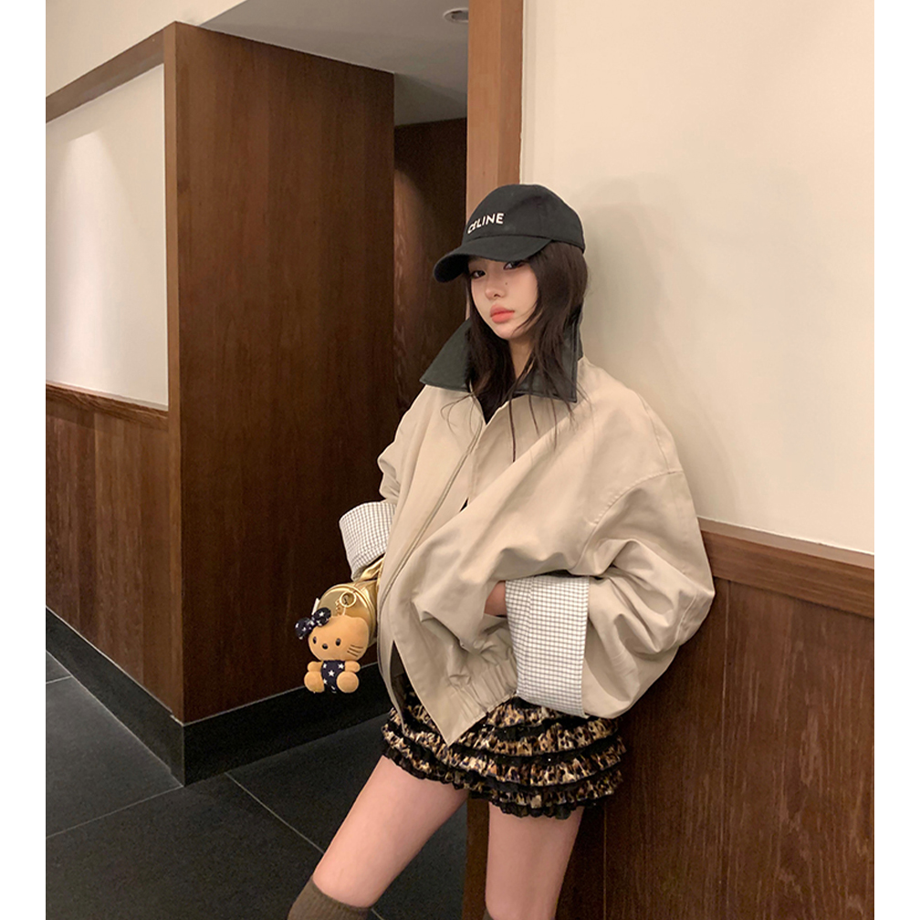 美式时尚风休闲宽松拼接夹克上衣女2025秋季新款复古翻领工装外套