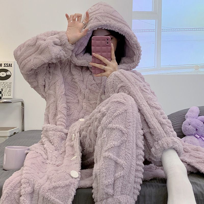 睡袍套装女冬珊瑚绒加绒加厚连帽家居服紫色睡袍